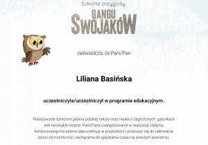 Certyfikat udziału w programie edukacyjnym szkolne przygody Gangu Swojaków
